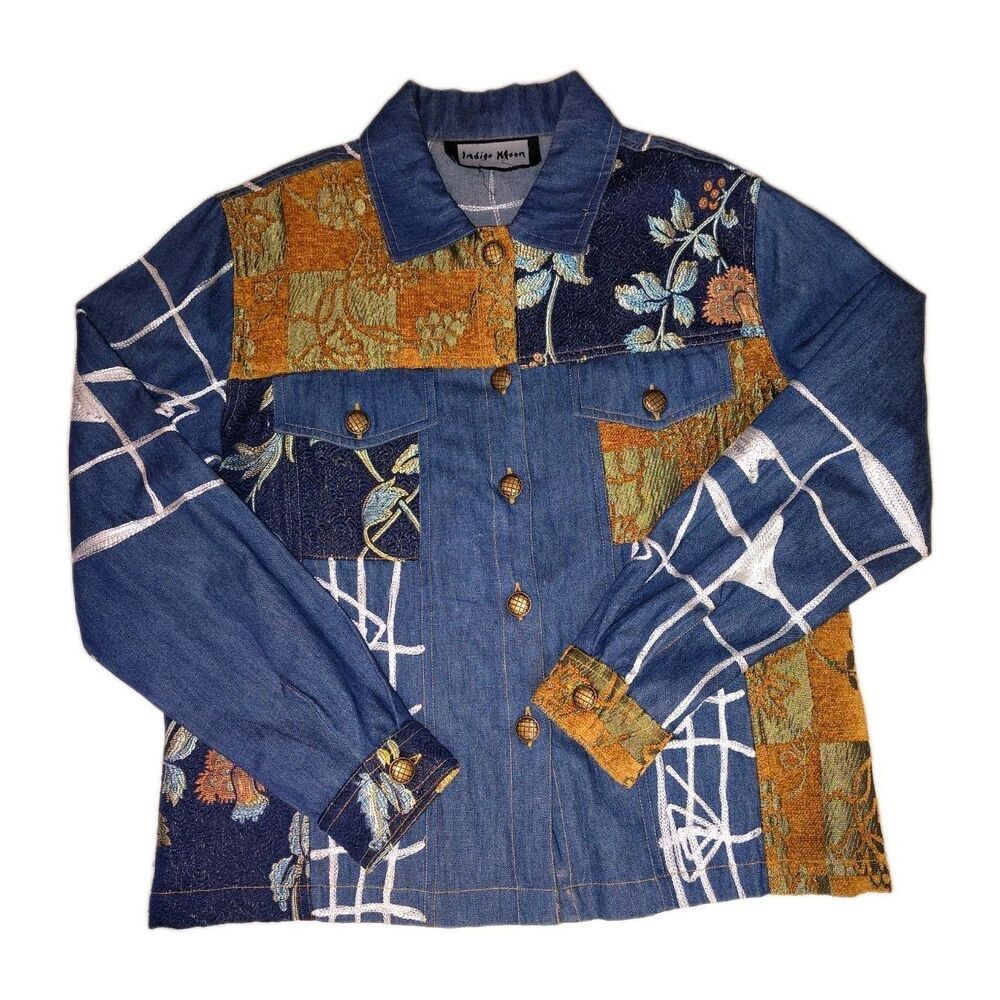 Embroidered Jacket Tapestry Size M Denim Patchwork. INDIGO MOON Art Topper